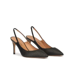 Angelique Slingback point-toe mid heel pumps in black raphia