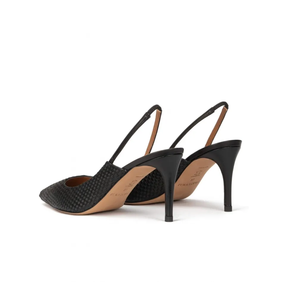 Angelique Slingback point-toe mid heel pumps in black raphia
