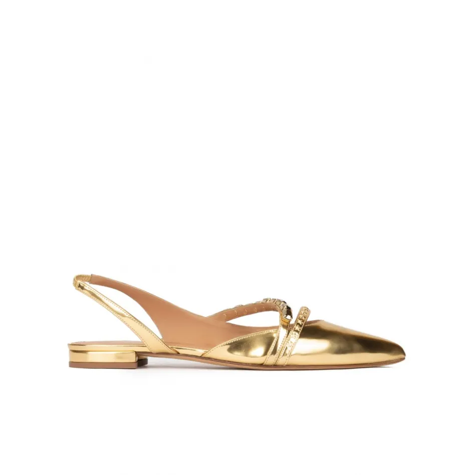 Anquetta Slingback point-toe flats in gold mirrored leather