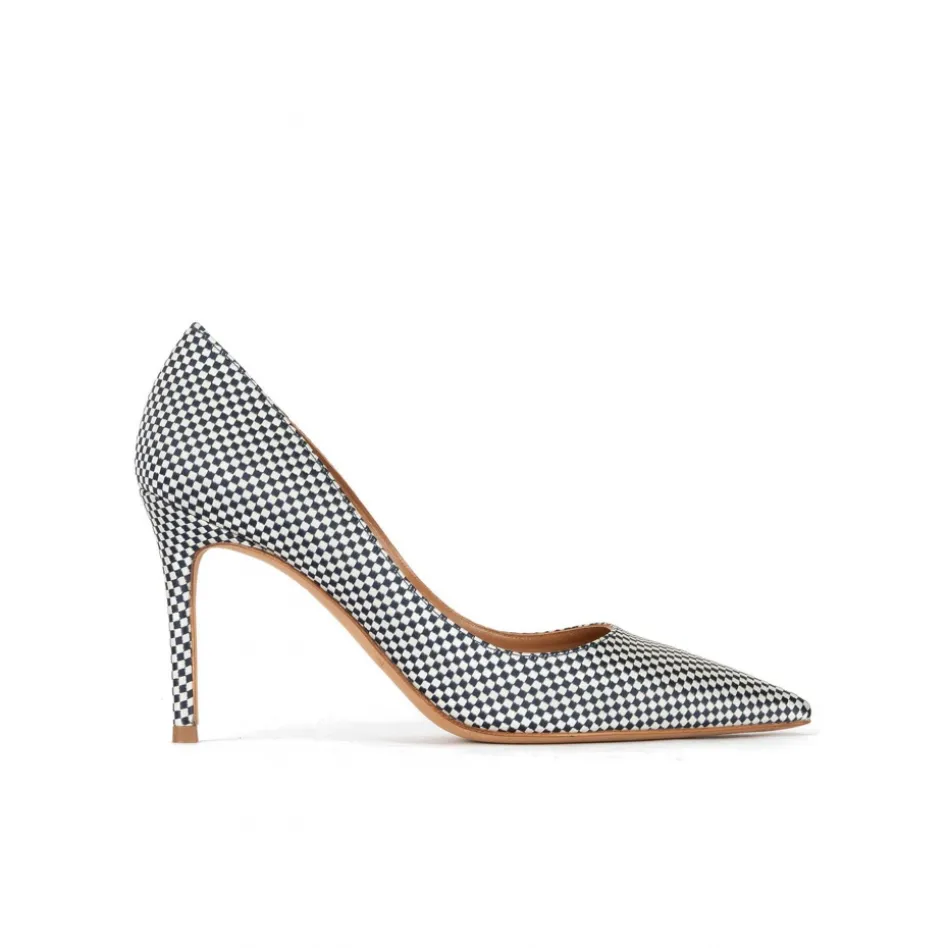 Aqua Point-toe high heel pumps in white-blue checked fabric