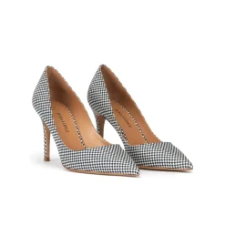 Aqua Point-toe high heel pumps in white-blue checked fabric
