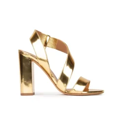 Aquira Gold strappy high block heel sandals in mirrored leather