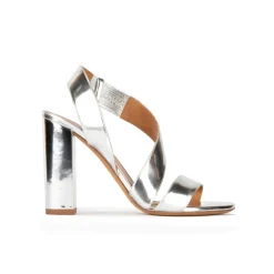 Aquira Strappy high block heel sandals in silver mirrored leather