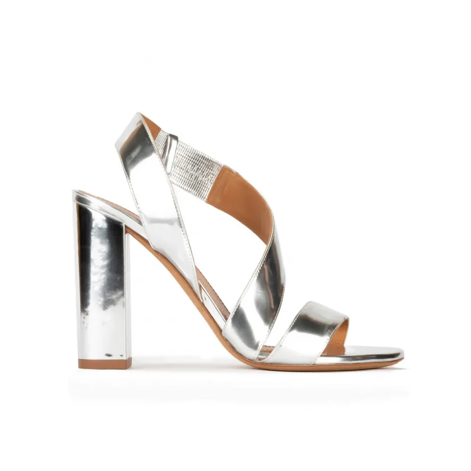 Aquira Strappy high block heel sandals in silver mirrored leather