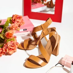 Aquira Strappy high block heel sandals in camel leather