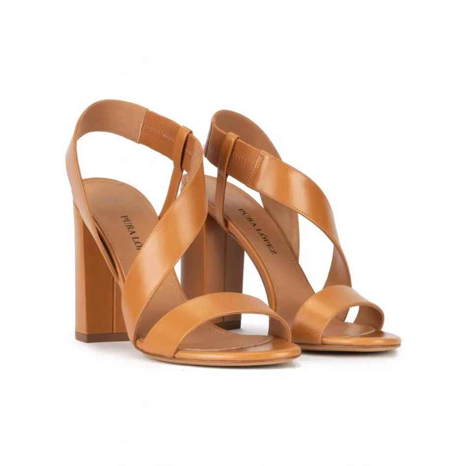 Aquira Strappy high block heel sandals in camel leather