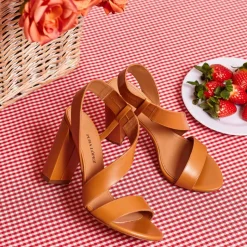 Aquira Strappy high block heel sandals in camel leather