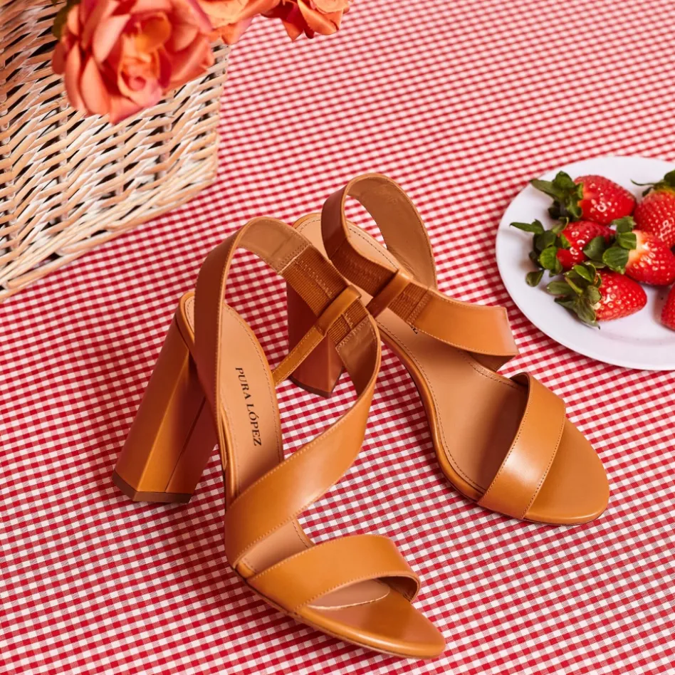 Aquira Strappy high block heel sandals in camel leather