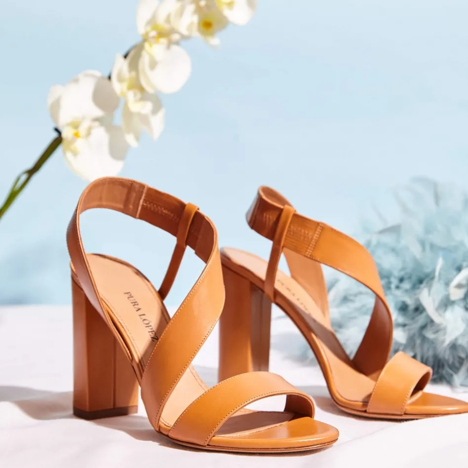 Aquira Strappy high block heel sandals in camel leather