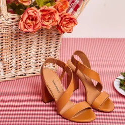 Aquira Strappy high block heel sandals in camel leather