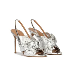 Baroque Bow embellished silver high heel sandals in metallic leather