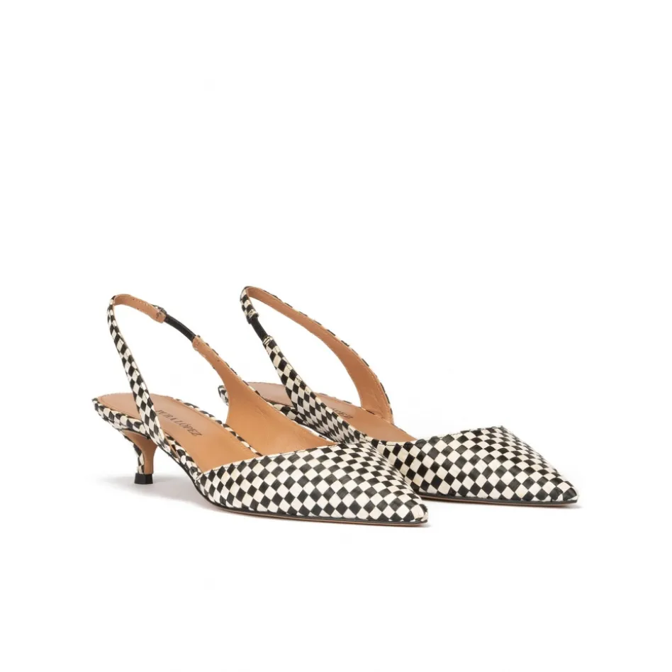 Blanque Black slingback pumps in black and white checked raffia