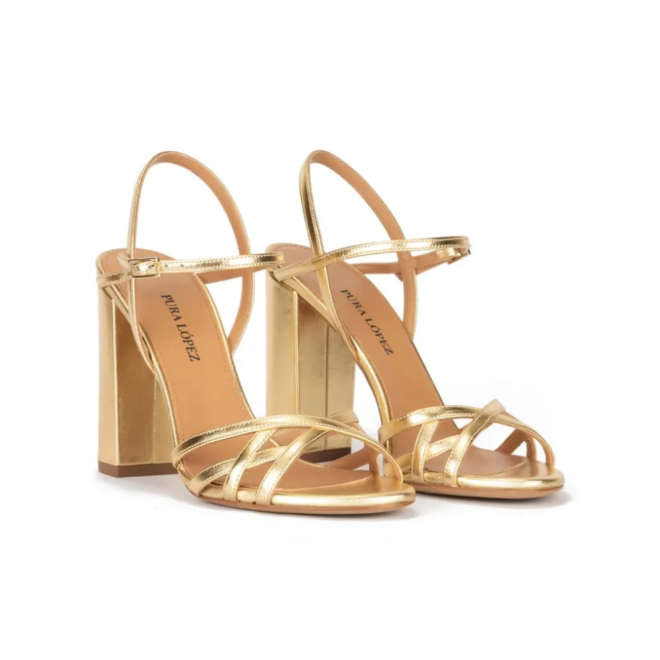 Coque Gold high block heel sandals in metallic leather
