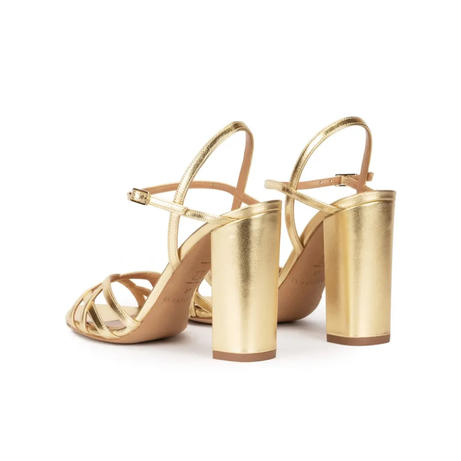 Coque Gold high block heel sandals in metallic leather