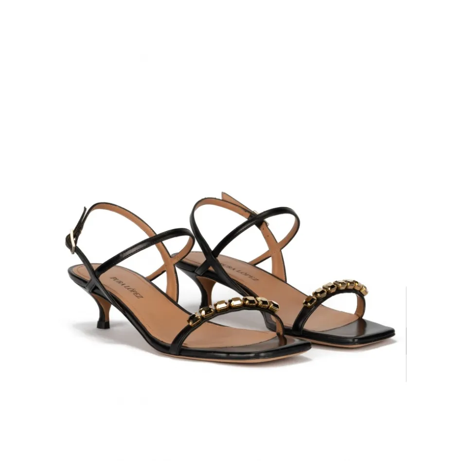 Coquina Crystal-embellished mid heel sandals in black leather