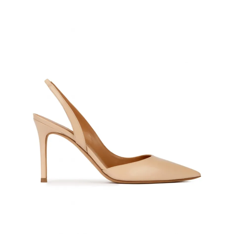 Danique Slingback heeled pointy toe pumps in beige leather