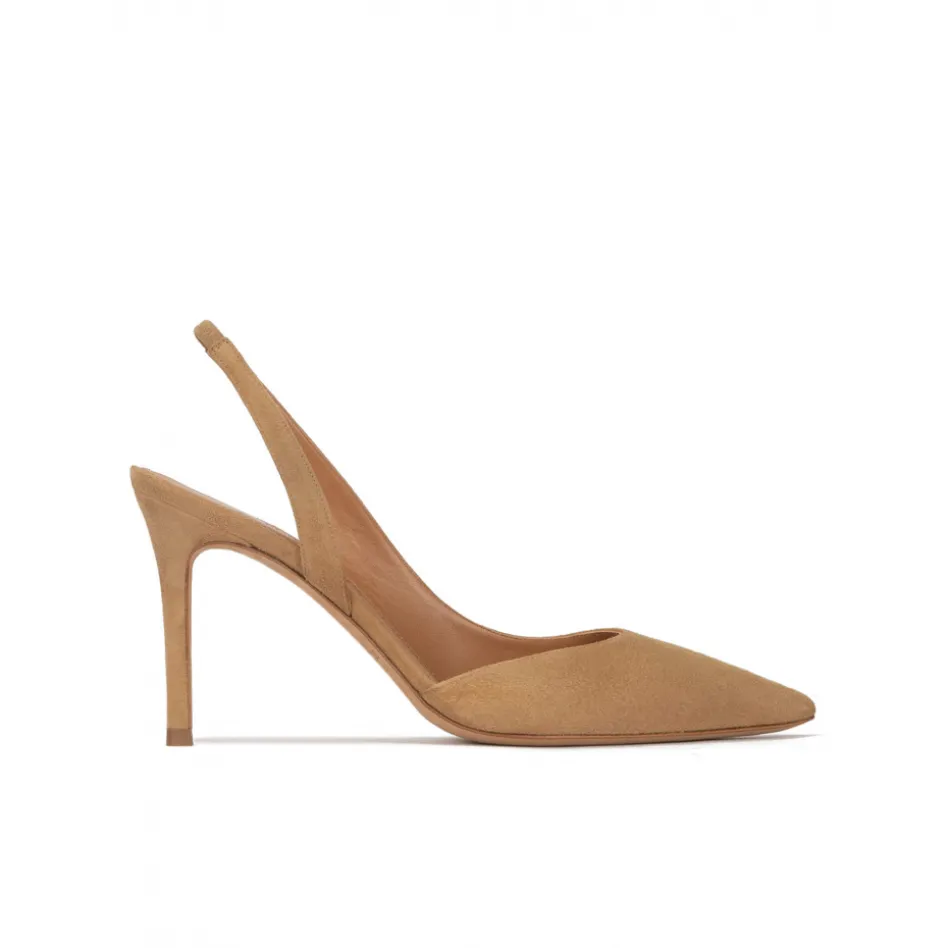 Danique Slingback pointy toe stiletto heel pumps in camel suede