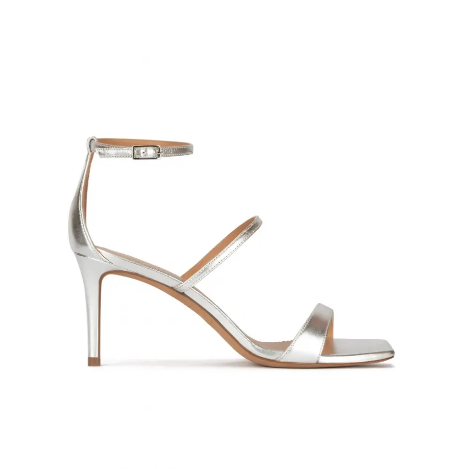 Daquesha Silver leather ankle strap mid-heeled sandals
