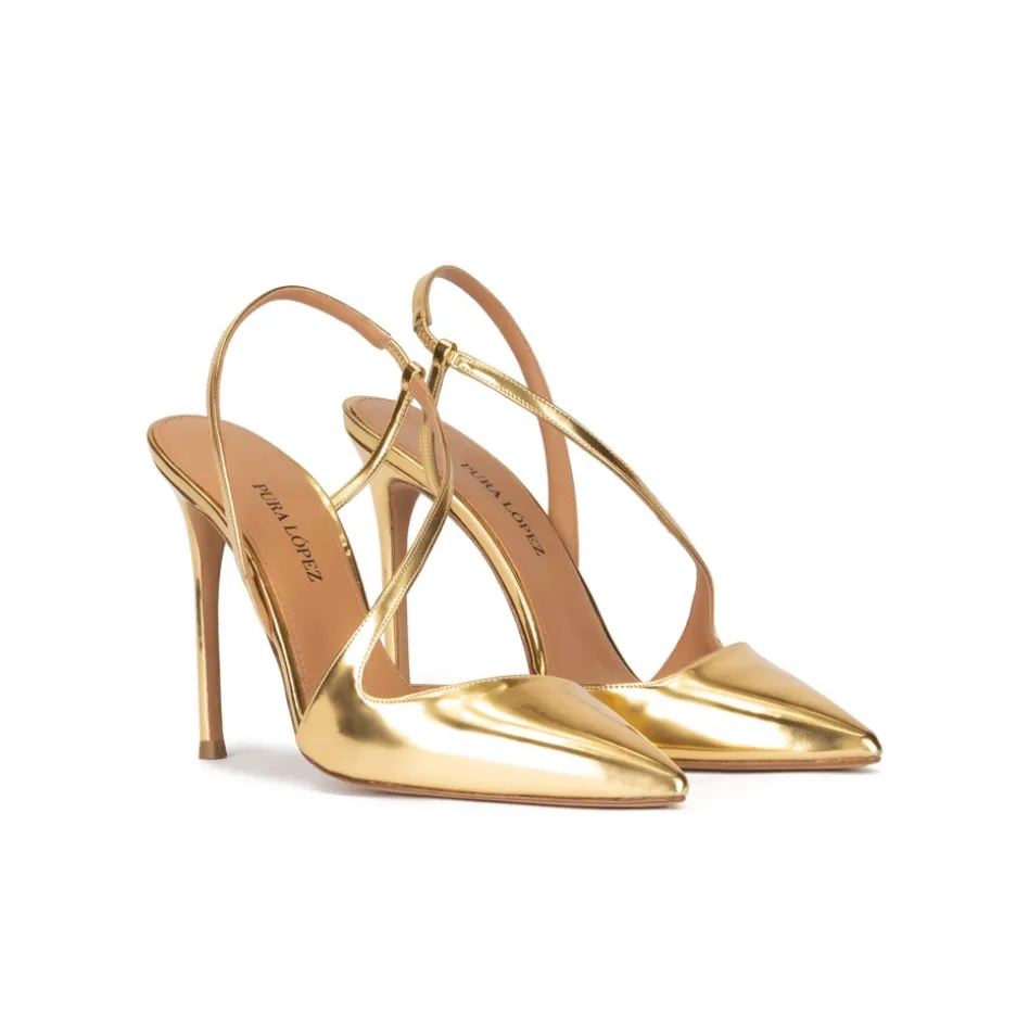 Dominique Gold high heel pointed toe slingback pumps in metallic leather