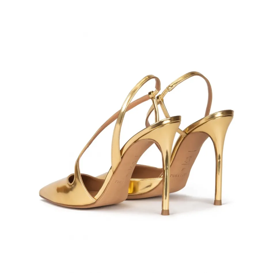 Dominique Gold high heel pointed toe slingback pumps in metallic leather