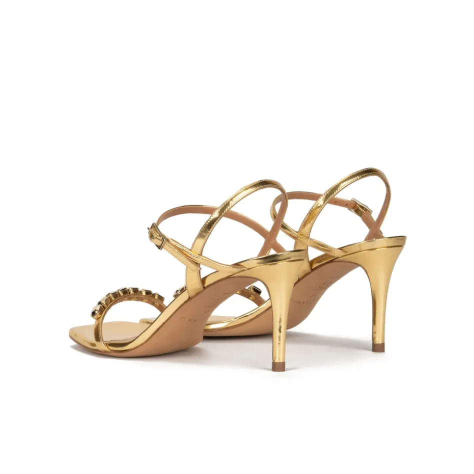 Evangelique Crystal-embellished mid heel sandals in gold leather