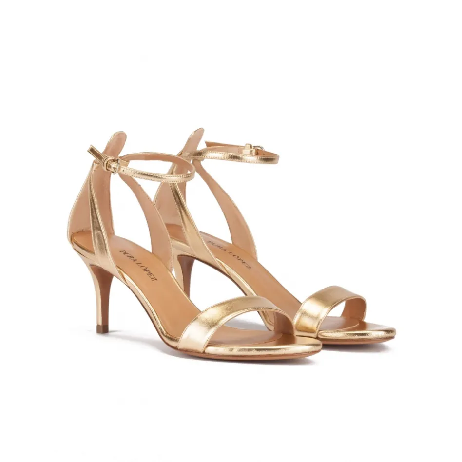 Fantine Ankle strap mid stiletto heel sandals in gold metallic leather