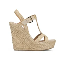 Filipa High wedge sandals in taupe raffia and suede