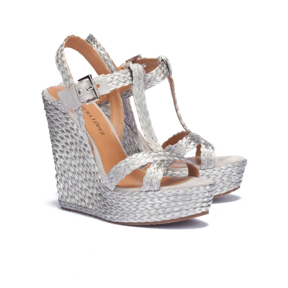 Filipa Silver T-bar espadrille wedge sandals