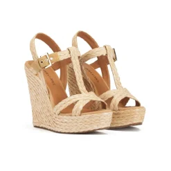 Filipa T-bar high wedge sandals in natural raffia and suede