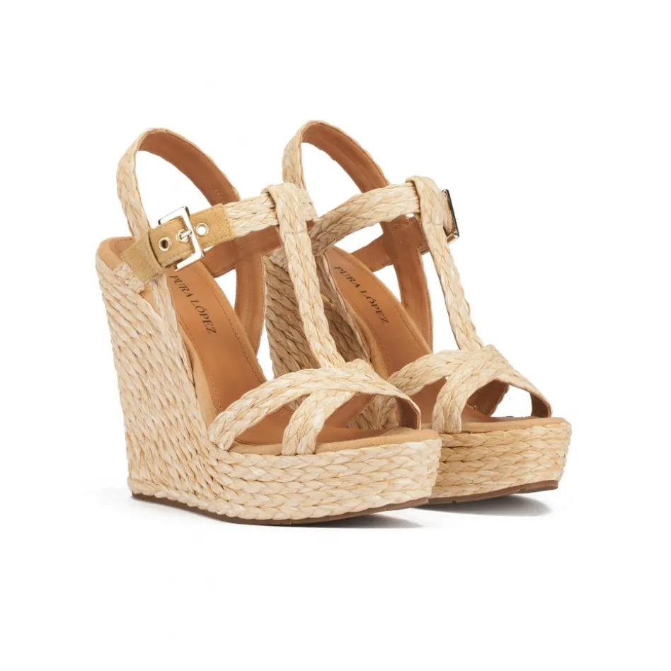Filipa T-bar high wedge sandals in natural raffia and suede