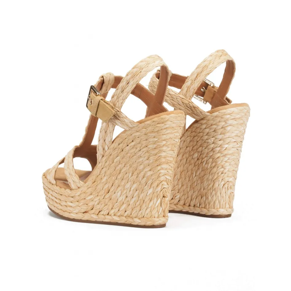 Filipa T-bar high wedge sandals in natural raffia and suede