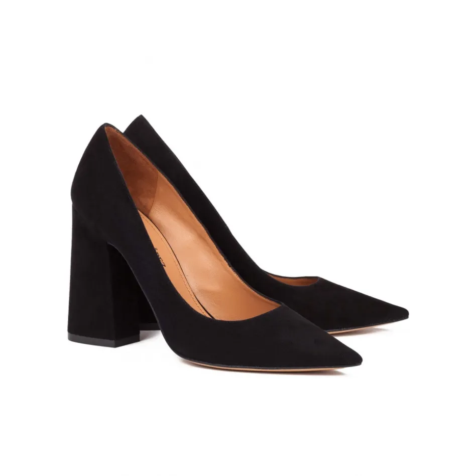 Janie High block heel pumps in black suede