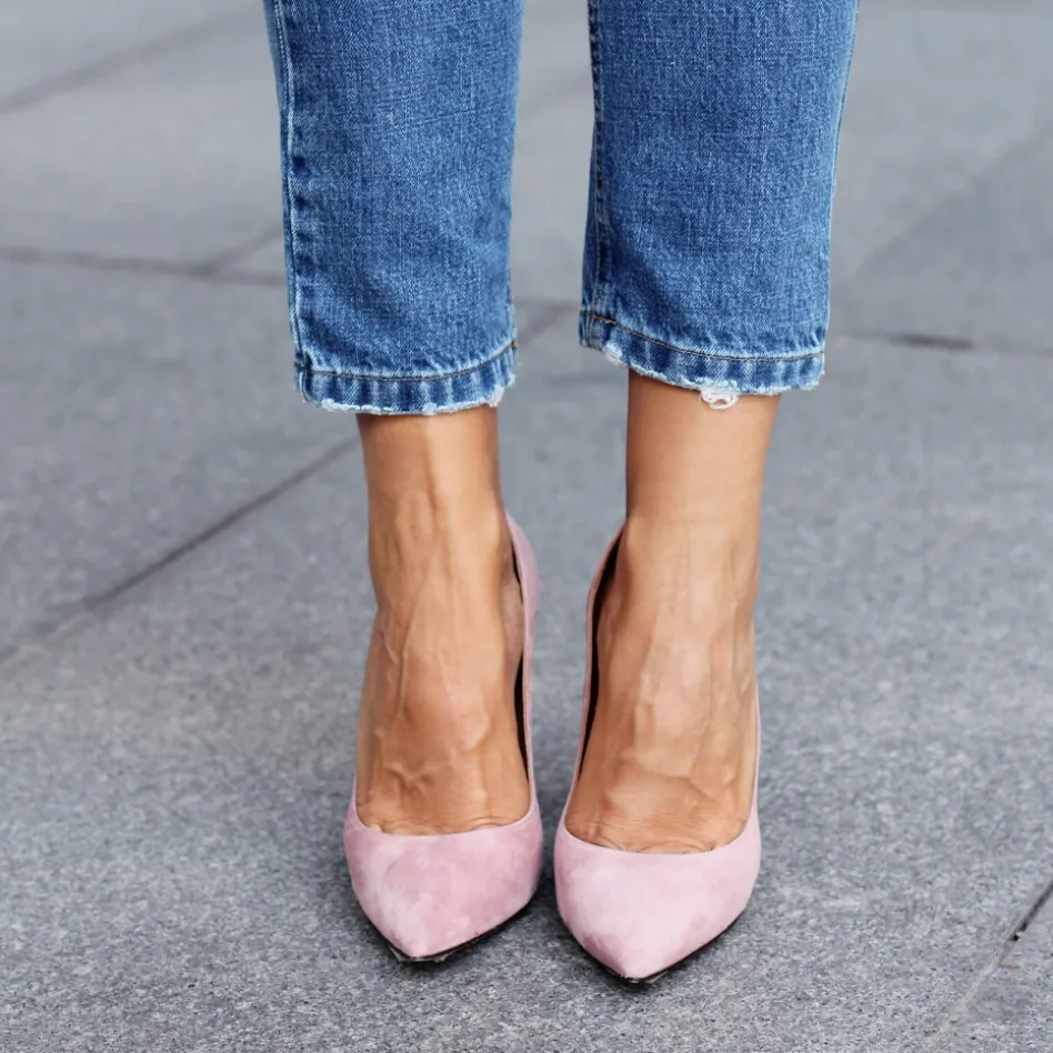Janie High block heel pumps in pink suede