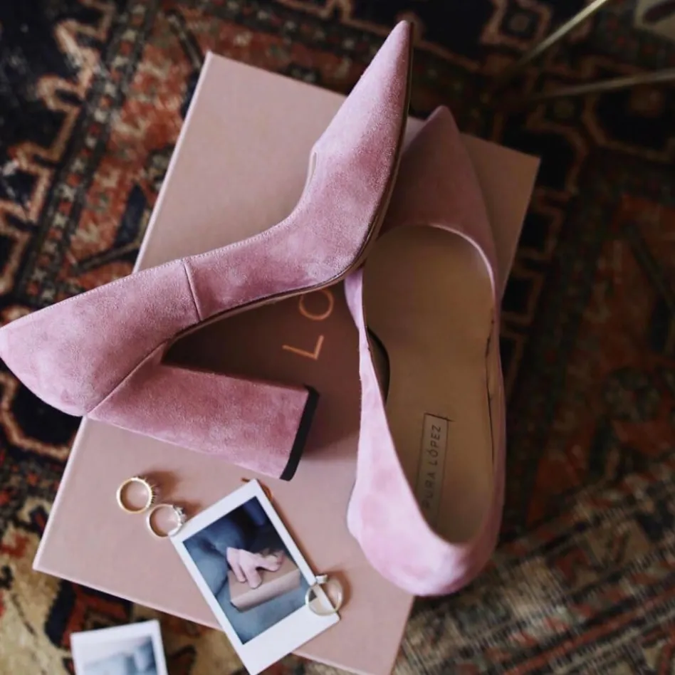 Janie High block heel pumps in pink suede