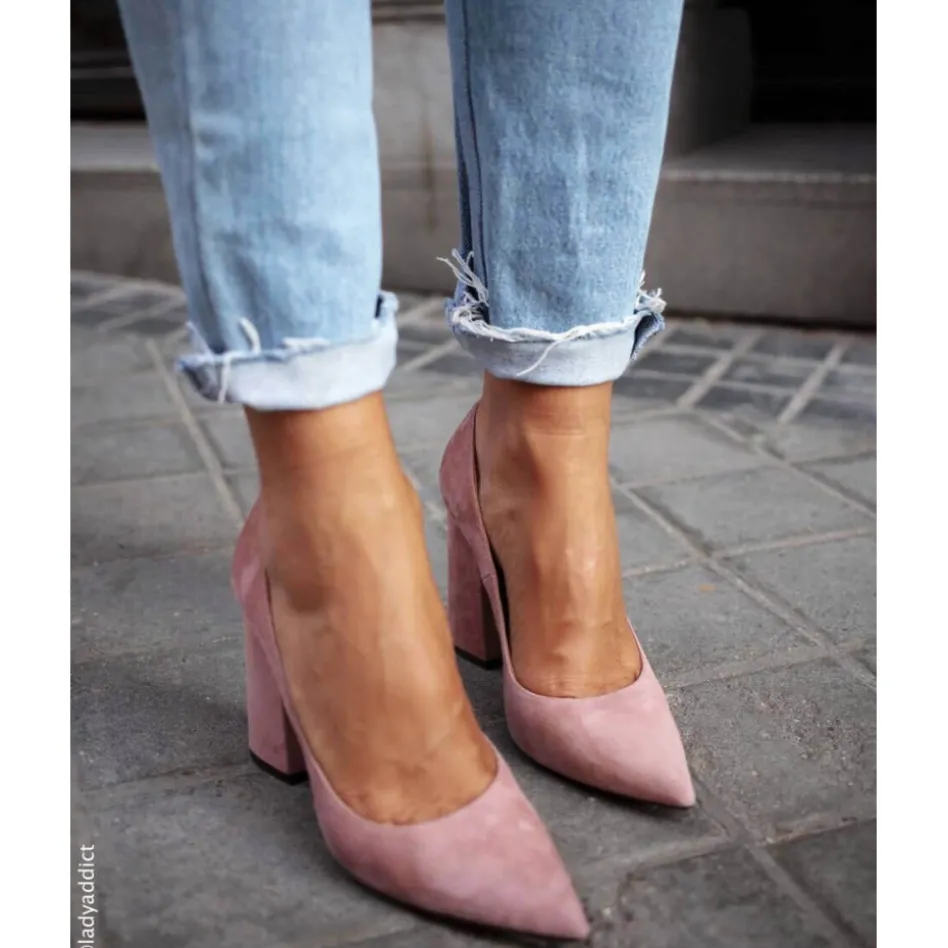 Janie High block heel pumps in pink suede
