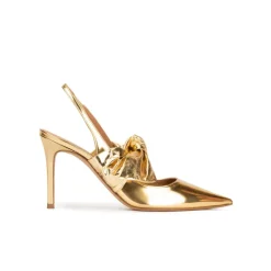 Jaqueline Bow detailed heeled slingback shoes in gold mirrored leather