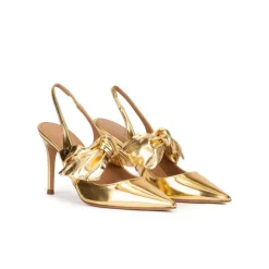 Jaqueline Bow detailed heeled slingback shoes in gold mirrored leather