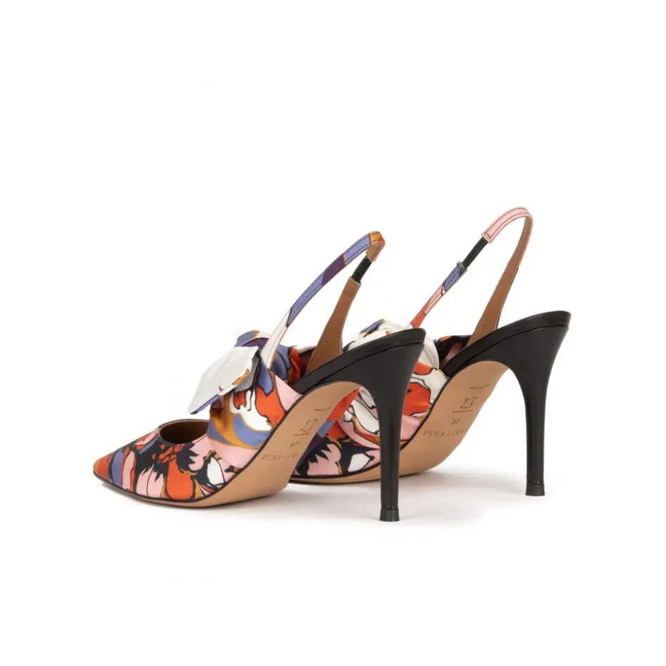 Jaqueline Bow detailed high heel slingback pumps in printed fabric