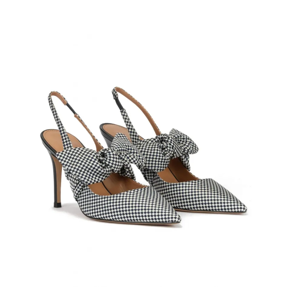 Jaqueline Checked slingback high heel shoes in white and blue fabric