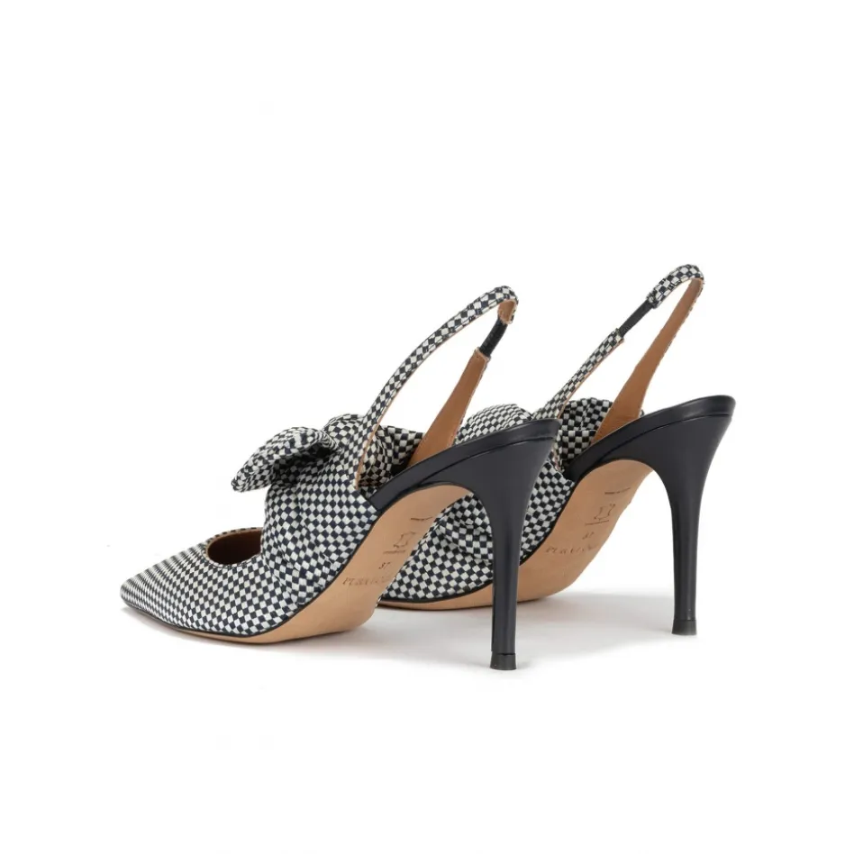 Jaqueline Checked slingback high heel shoes in white and blue fabric