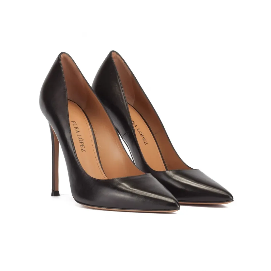 Kameron Black leather thin stiletto heel pumps with sleek pointed toe