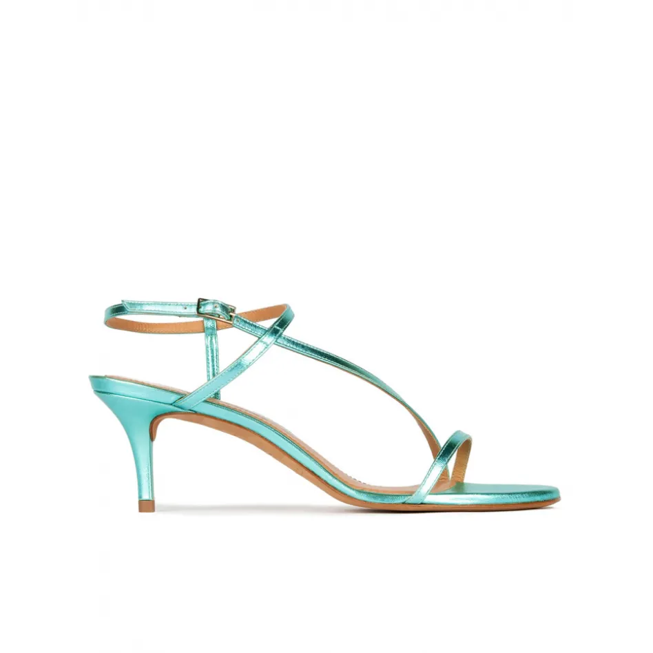 Laquenda Strappy mid heel sandals in aquamarine metallic leather