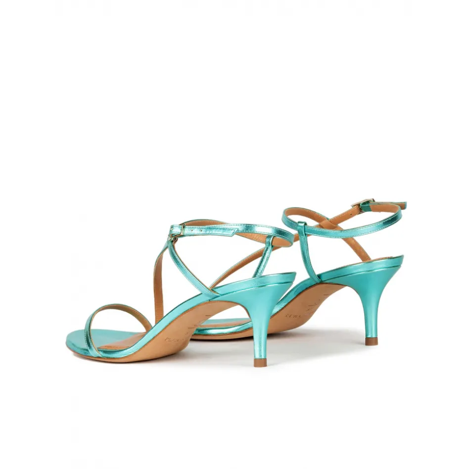 Laquenda Strappy mid heel sandals in aquamarine metallic leather