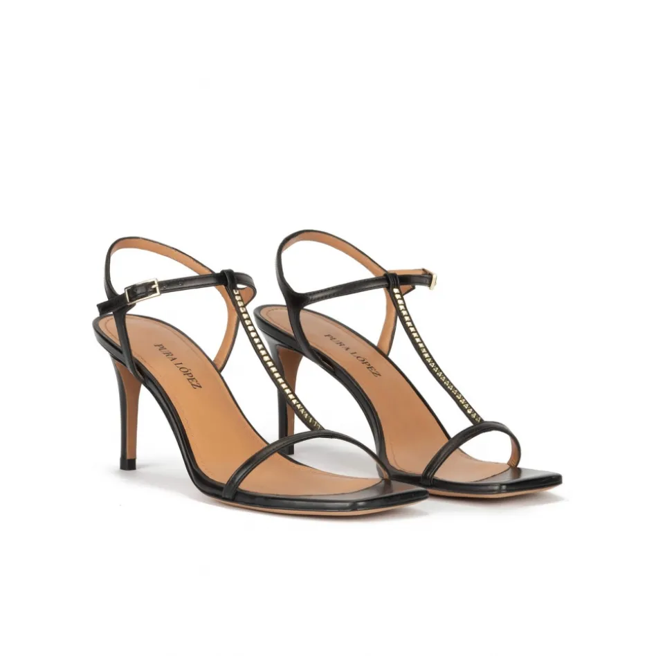 Leonique T-bar mid heel sandals in black leather