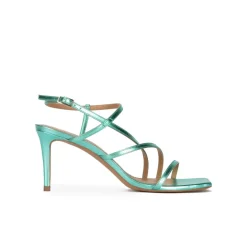 Marinique Squared-off toe mid heel sandals in aquamarine metallic leather