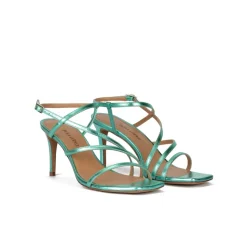 Marinique Squared-off toe mid heel sandals in aquamarine metallic leather