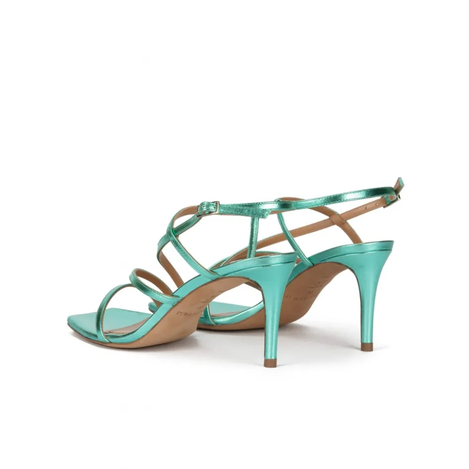 Marinique Squared-off toe mid heel sandals in aquamarine metallic leather