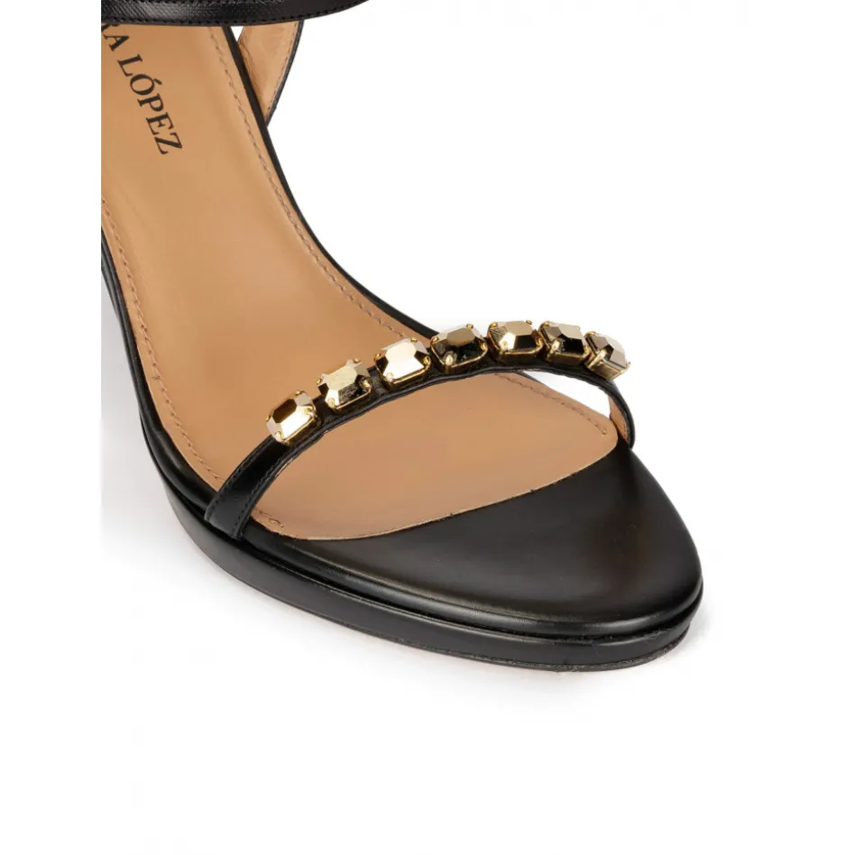 Marquel Crystal embellished platform heeled sandals in black calf leather