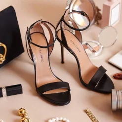 Martina Ankle strap high stiletto heel sandals in black leather