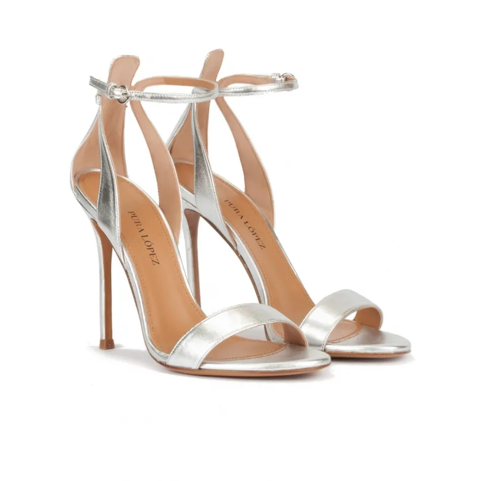 Martina Ankle strap high heel sandals in silver metallic leather